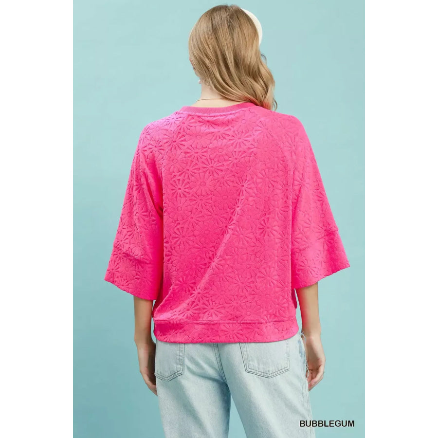Round Neck Textured Floral Terry Blouse Apparel and Accessories