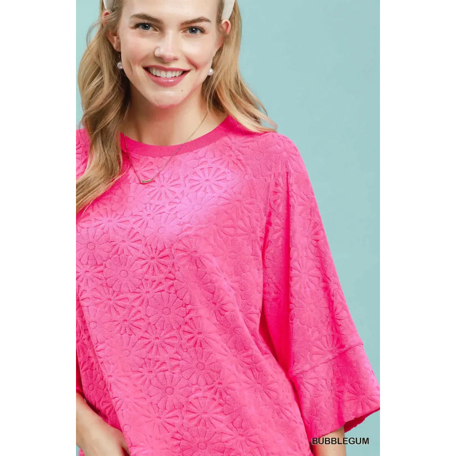 Round Neck Textured Floral Terry Blouse Apparel and Accessories