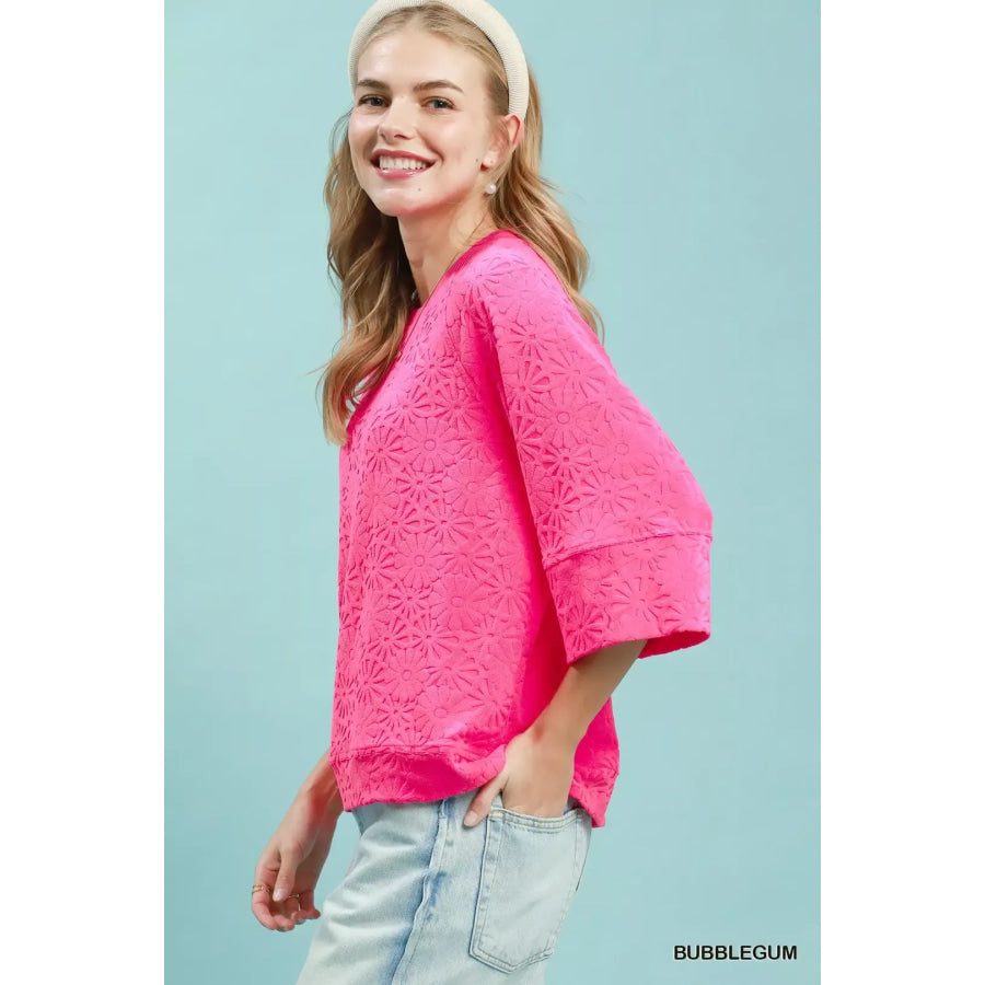 Round Neck Textured Floral Terry Blouse Apparel and Accessories