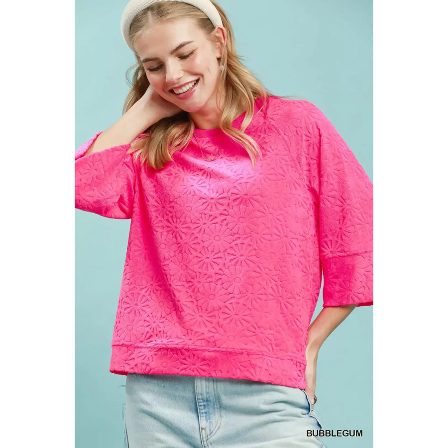 Round Neck Textured Floral Terry Blouse BUBBLEGUM / S Apparel and Accessories