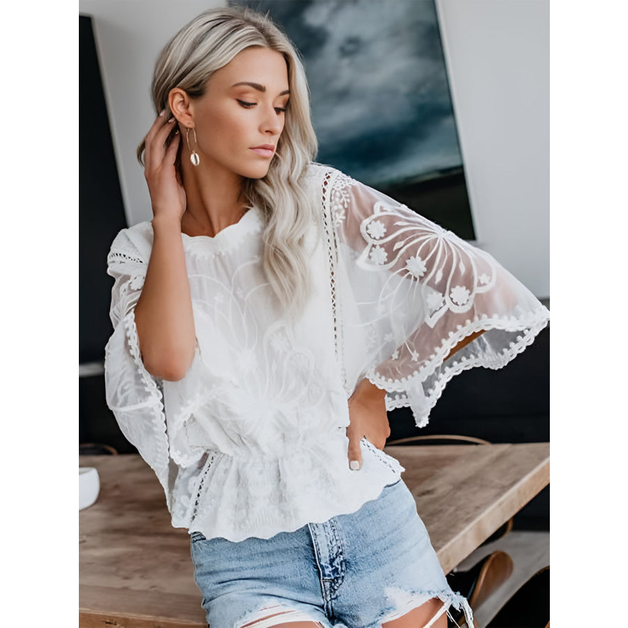 Round Neck Three-Quarter Sleeve Blouse White / S Apparel and Accessories