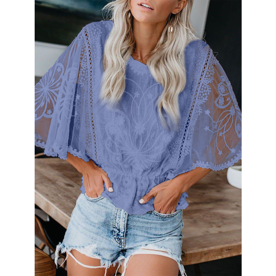 Round Neck Three-Quarter Sleeve Blouse Blue / S Apparel and Accessories