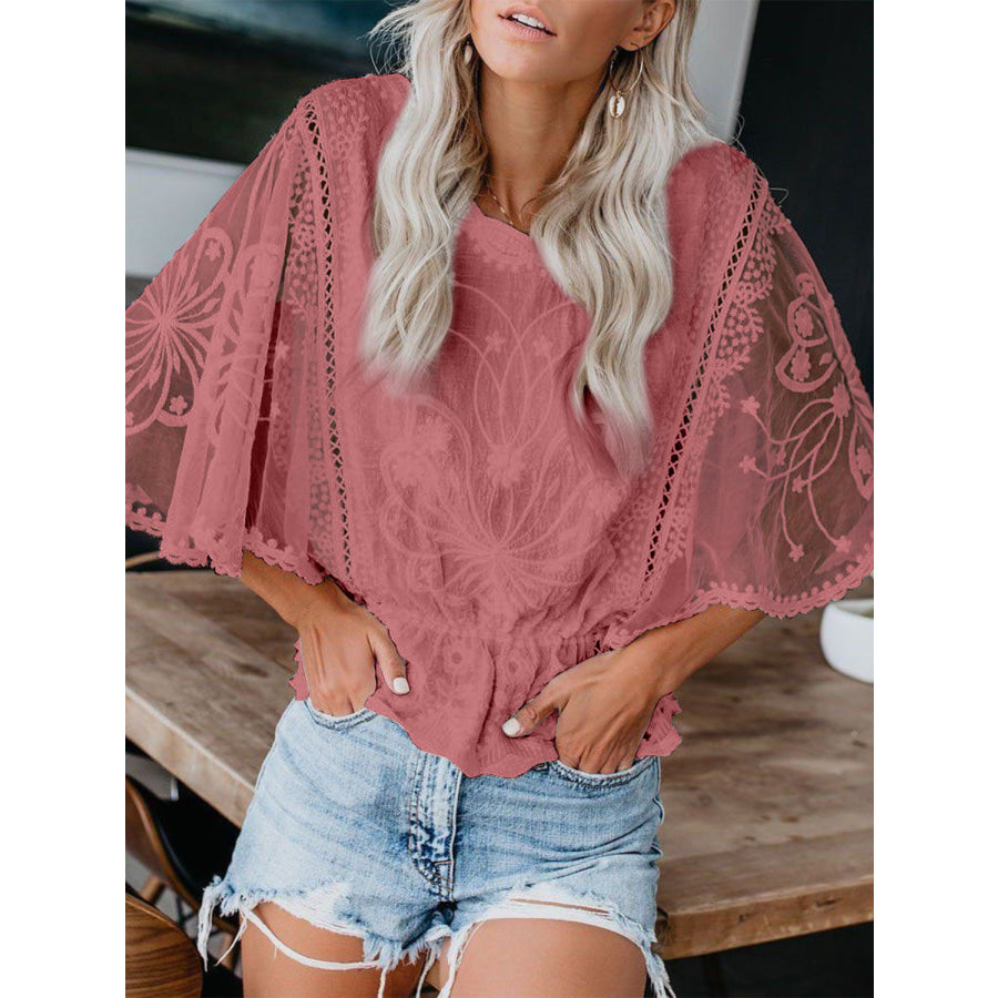 Round Neck Three-Quarter Sleeve Blouse Burnt Coral / S Apparel and Accessories