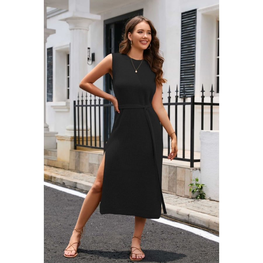 Round Neck Tie Belt Slit Sleeveless Sweater Dress Black / S