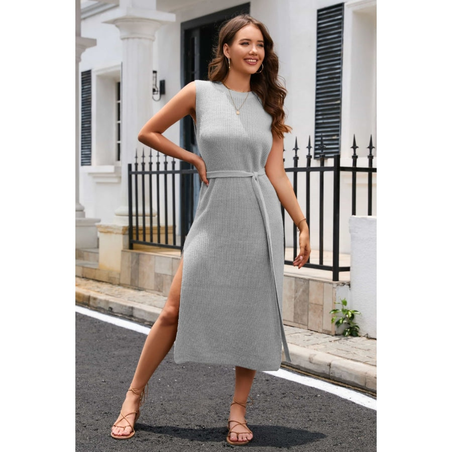 Round Neck Tie Belt Slit Sleeveless Sweater Dress Gray Dawn / S