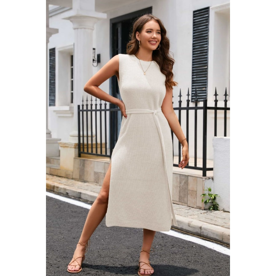 Round Neck Tie Belt Slit Sleeveless Sweater Dress Ivory / S