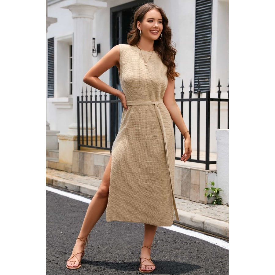 Round Neck Tie Belt Slit Sleeveless Sweater Dress Tan / S