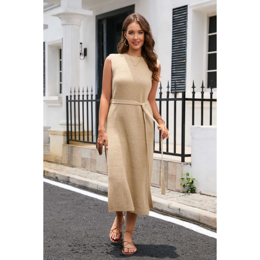 Round Neck Tie Belt Slit Sleeveless Sweater Dress