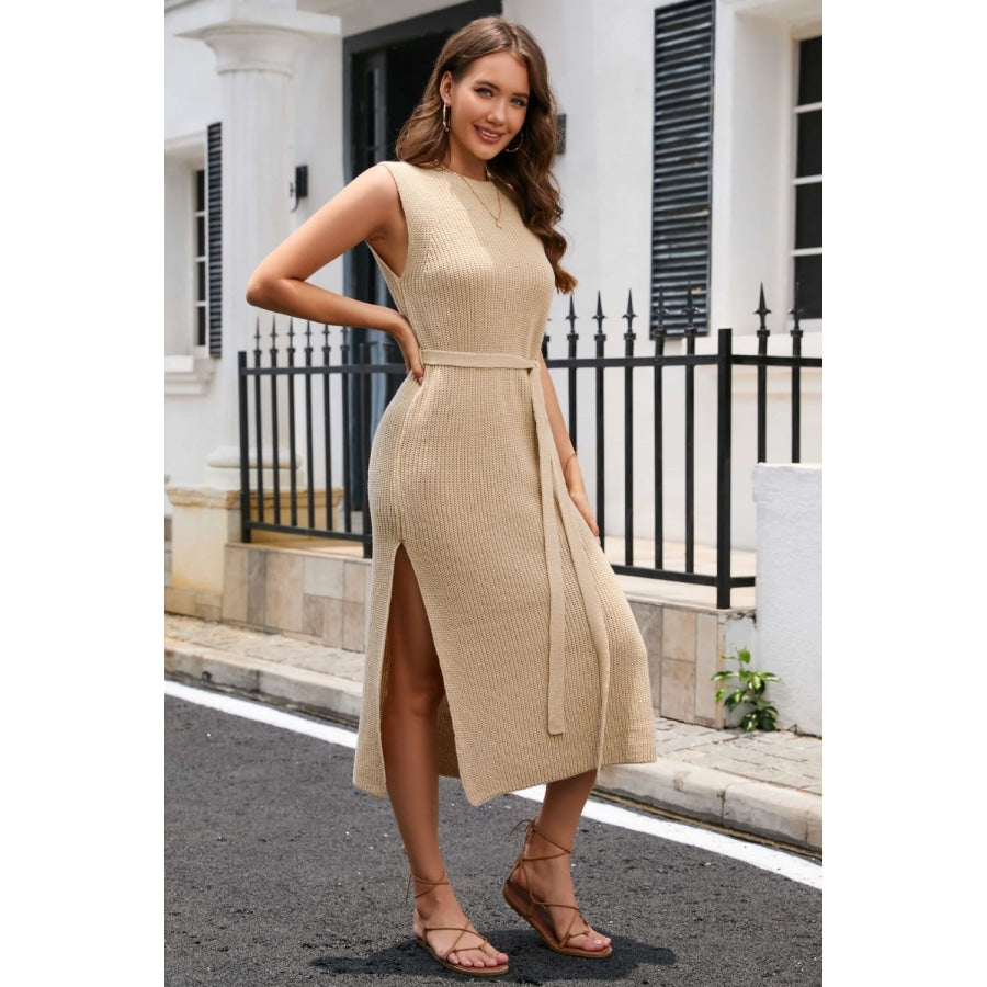 Round Neck Tie Belt Slit Sleeveless Sweater Dress