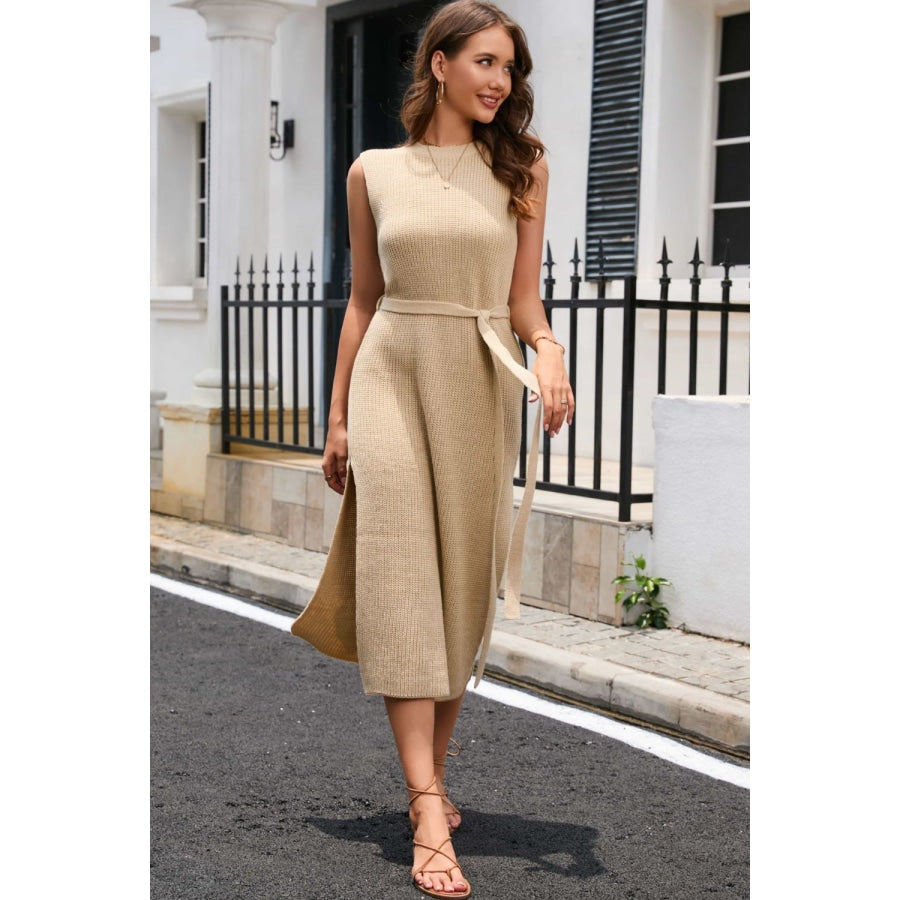 Round Neck Tie Belt Slit Sleeveless Sweater Dress