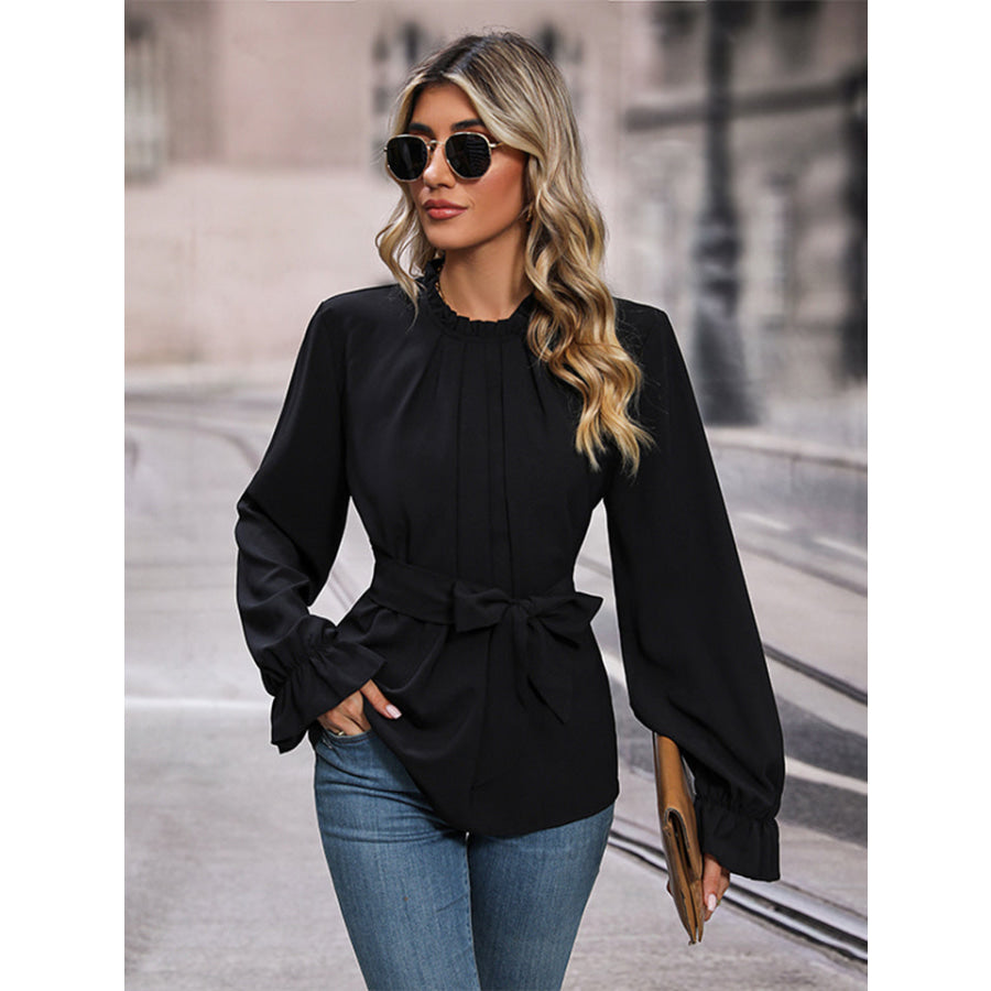 Round Neck Tie Waist Long Sleeve Blouse Black / S