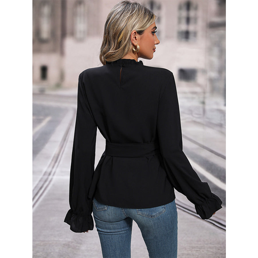 Round Neck Tie Waist Long Sleeve Blouse Black / S