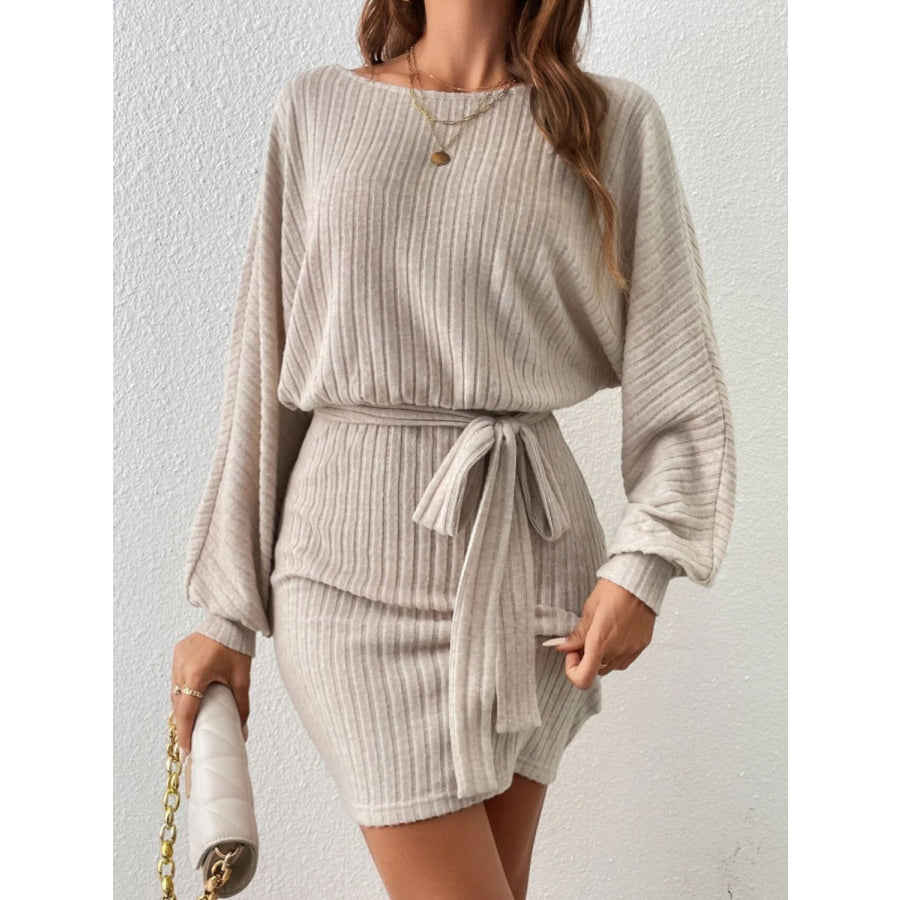 Round Neck Tie Waist Long Sleeve Mini Dress Apparel and Accessories