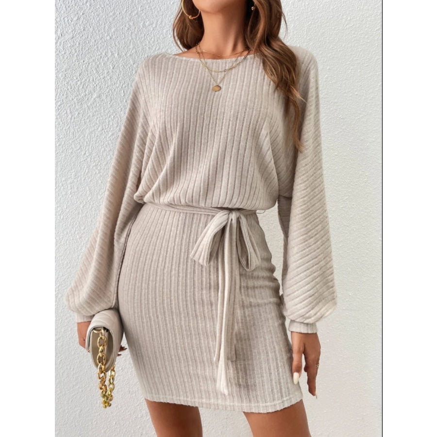 Round Neck Tie Waist Long Sleeve Mini Dress Apparel and Accessories