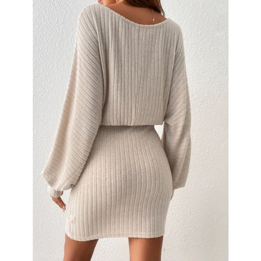 Round Neck Tie Waist Long Sleeve Mini Dress Apparel and Accessories