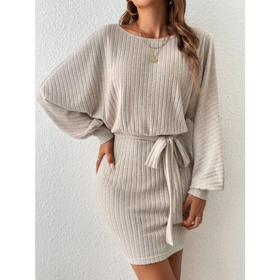 Round Neck Tie Waist Long Sleeve Mini Dress Khaki / S Apparel and Accessories