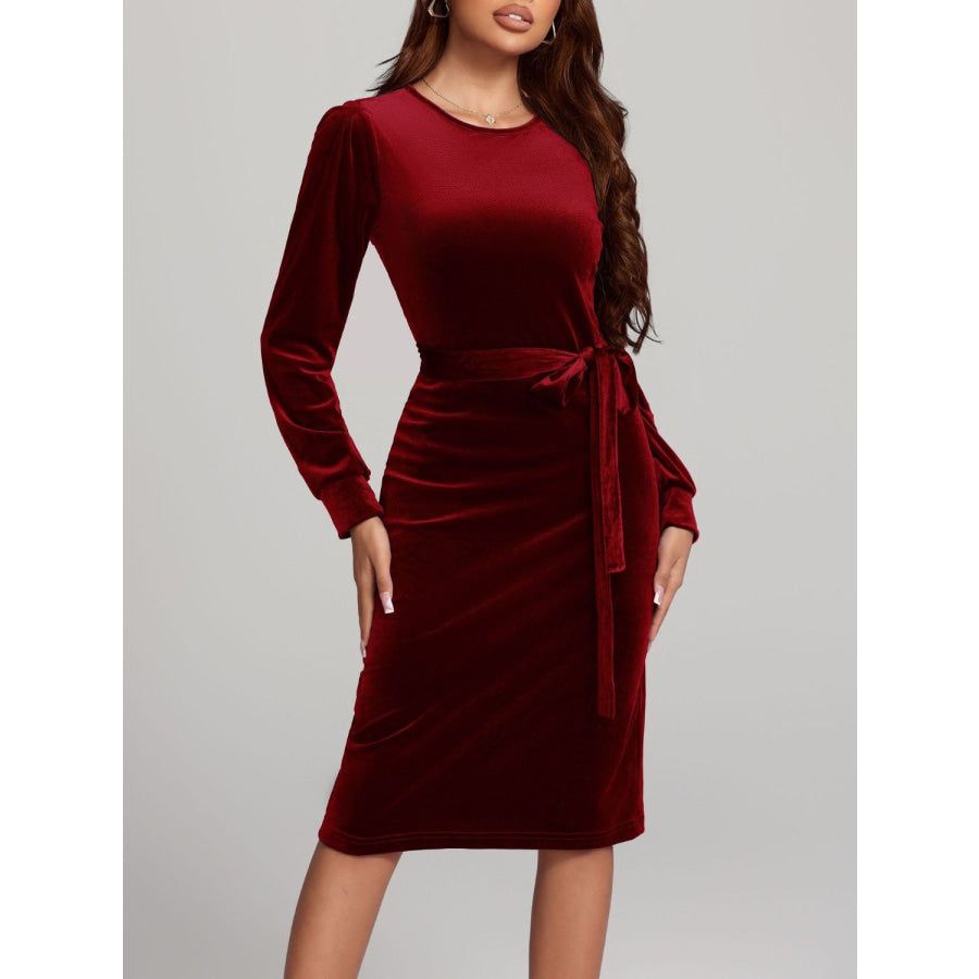 Round Neck Tie Waist Long Sleeve Velvet Dress Apparel and Accessories