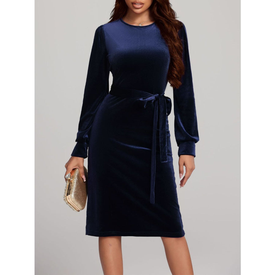 Round Neck Tie Waist Long Sleeve Velvet Dress Apparel and Accessories