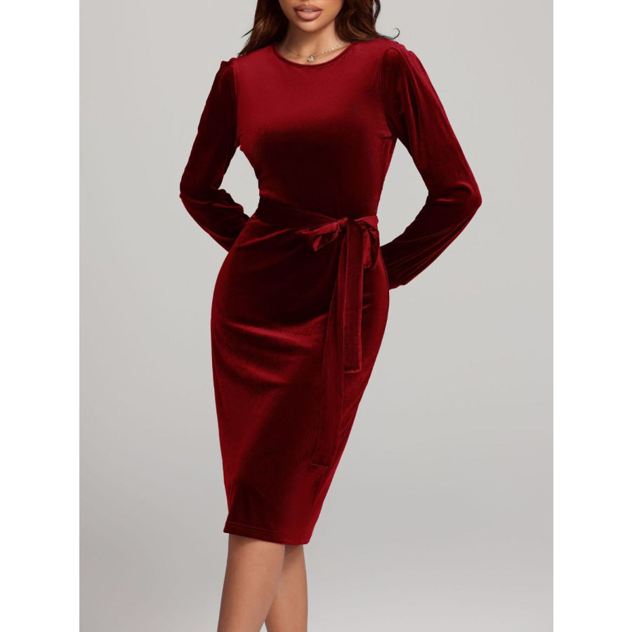 Round Neck Tie Waist Long Sleeve Velvet Dress Apparel and Accessories