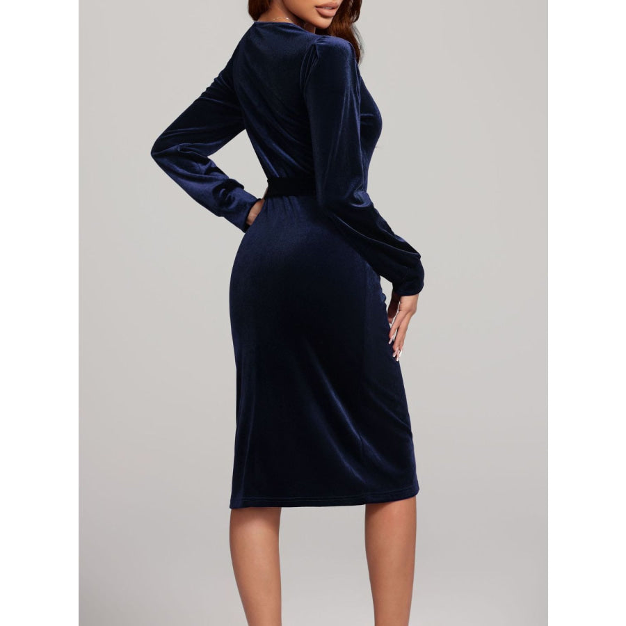 Round Neck Tie Waist Long Sleeve Velvet Dress Navy / S Apparel and Accessories