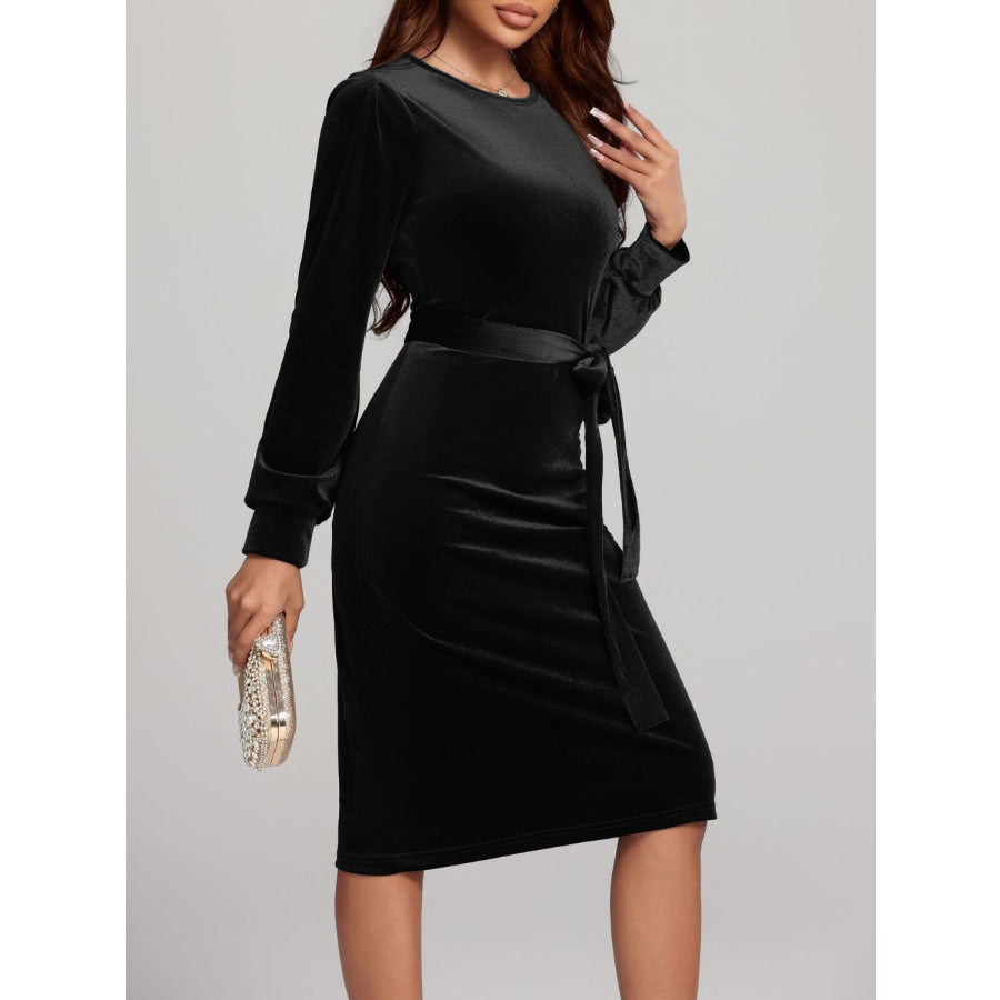 Round Neck Tie Waist Long Sleeve Velvet Dress Apparel and Accessories