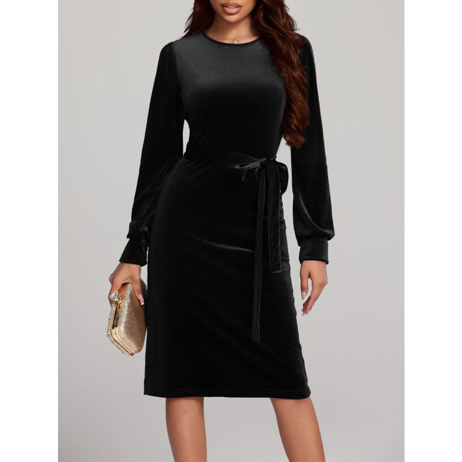 Round Neck Tie Waist Long Sleeve Velvet Dress Black / S Apparel and Accessories