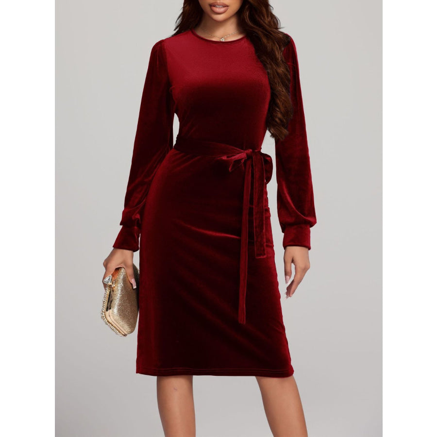 Round Neck Tie Waist Long Sleeve Velvet Dress Burgundy / S Apparel and Accessories