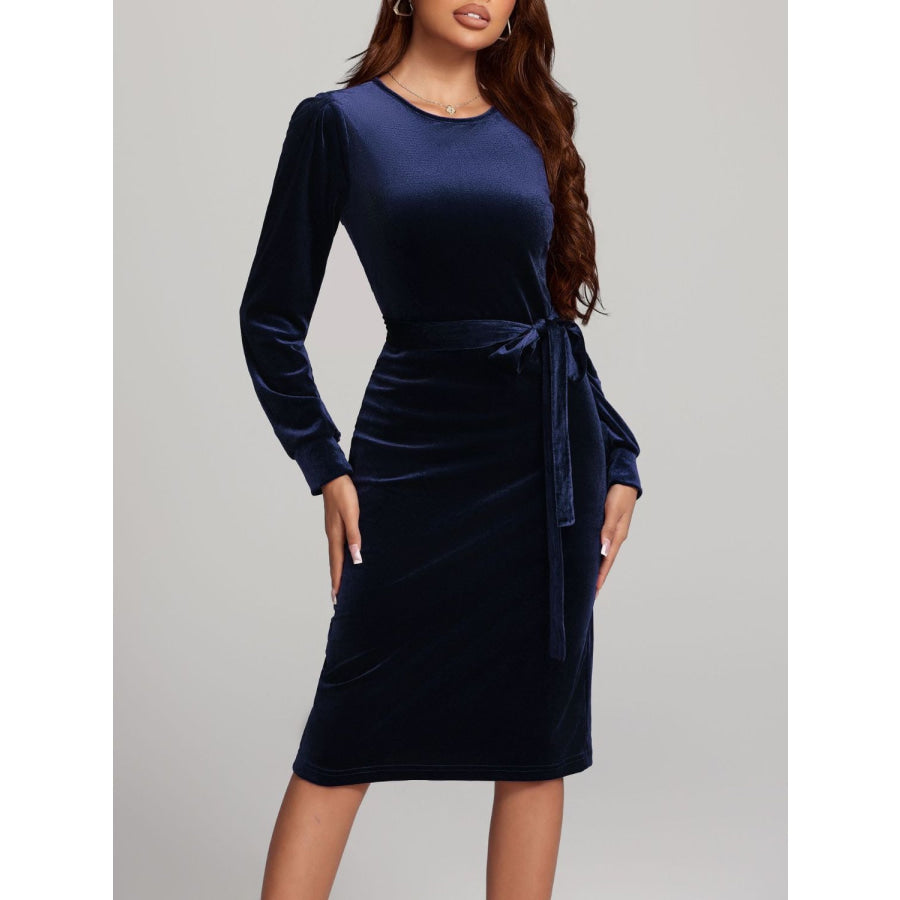 Round Neck Tie Waist Long Sleeve Velvet Dress Navy / S Apparel and Accessories