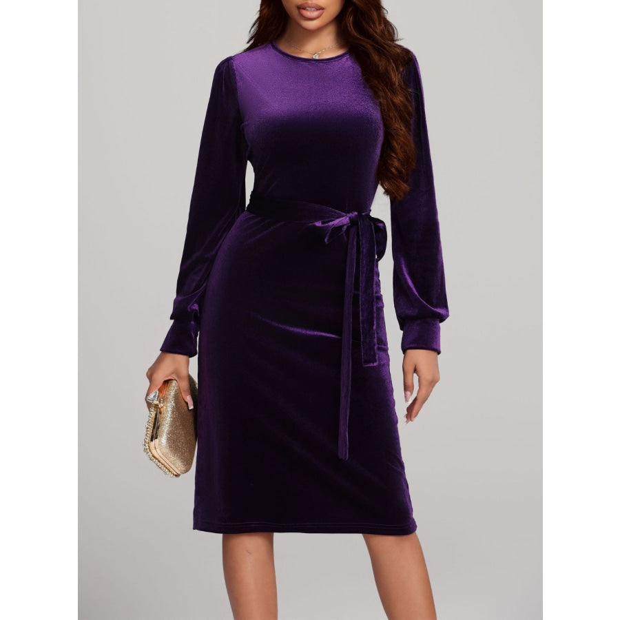 Round Neck Tie Waist Long Sleeve Velvet Dress Violet / S Apparel and Accessories