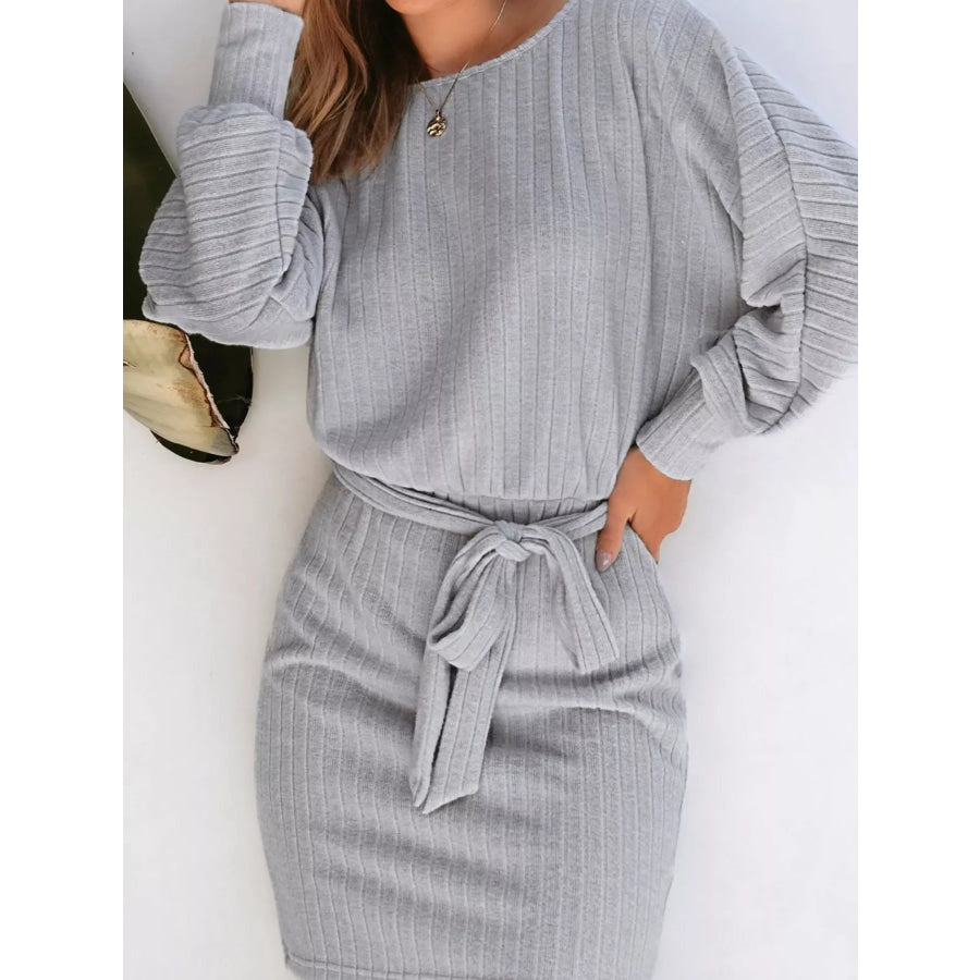 Round Neck Tie Waist Textured Dress Apparel and Accessories