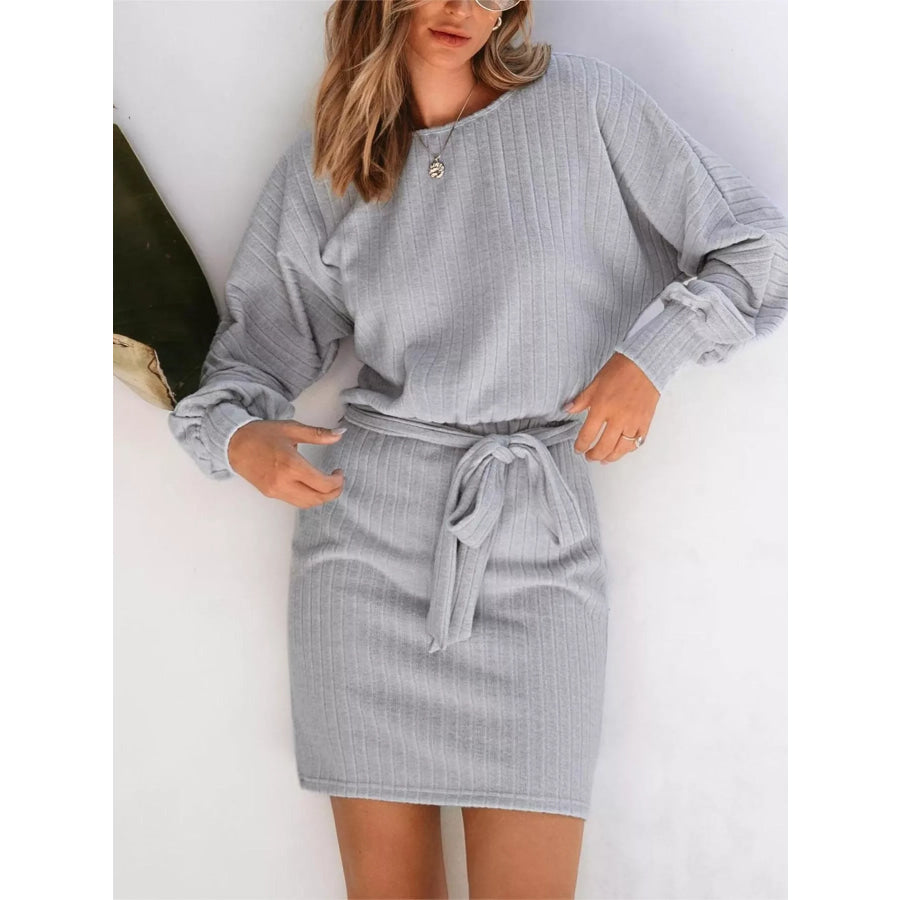 Round Neck Tie Waist Textured Dress Apparel and Accessories