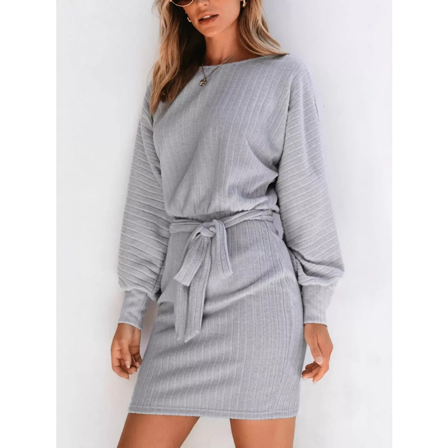 Round Neck Tie Waist Textured Dress Gray / S Apparel and Accessories