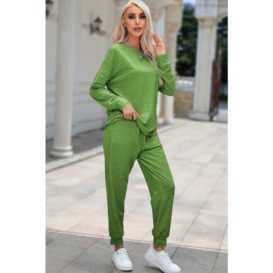 Round Neck Top and Drawstring Pants Lounge Set Clothing