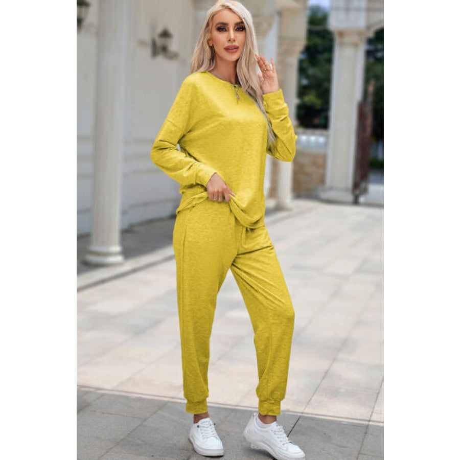 Round Neck Top and Drawstring Pants Lounge Set Clothing