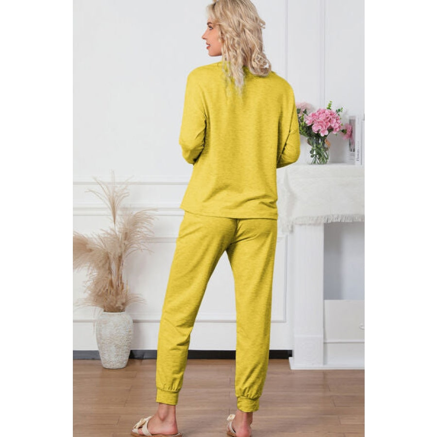 Round Neck Top and Drawstring Pants Lounge Set Clothing