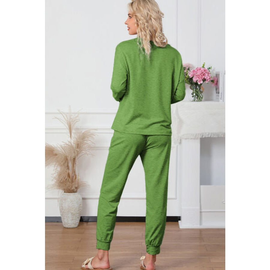 Round Neck Top and Drawstring Pants Lounge Set Clothing