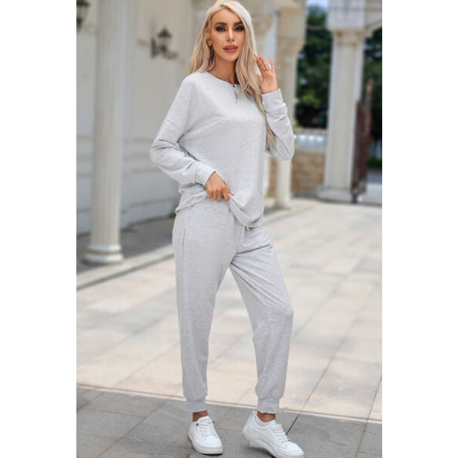 Round Neck Top and Drawstring Pants Lounge Set Clothing