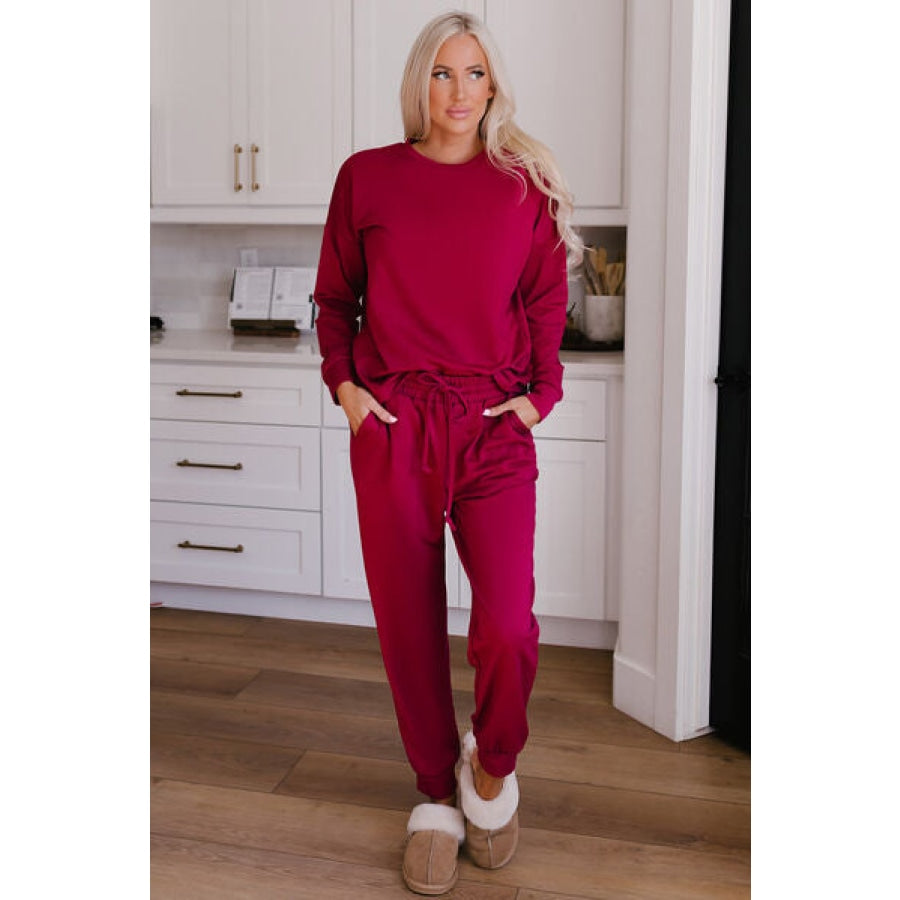 Round Neck Top and Drawstring Pants Lounge Set Deep Rose / S Clothing