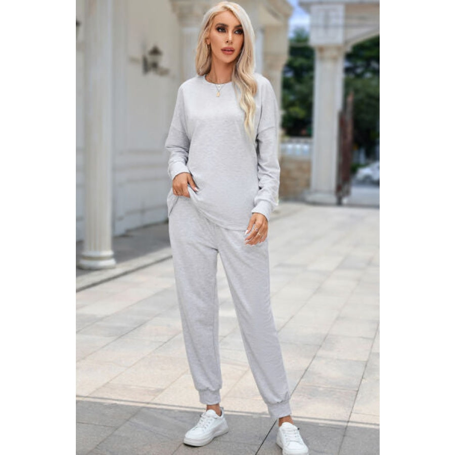 Round Neck Top and Drawstring Pants Lounge Set Light Gray / S Clothing