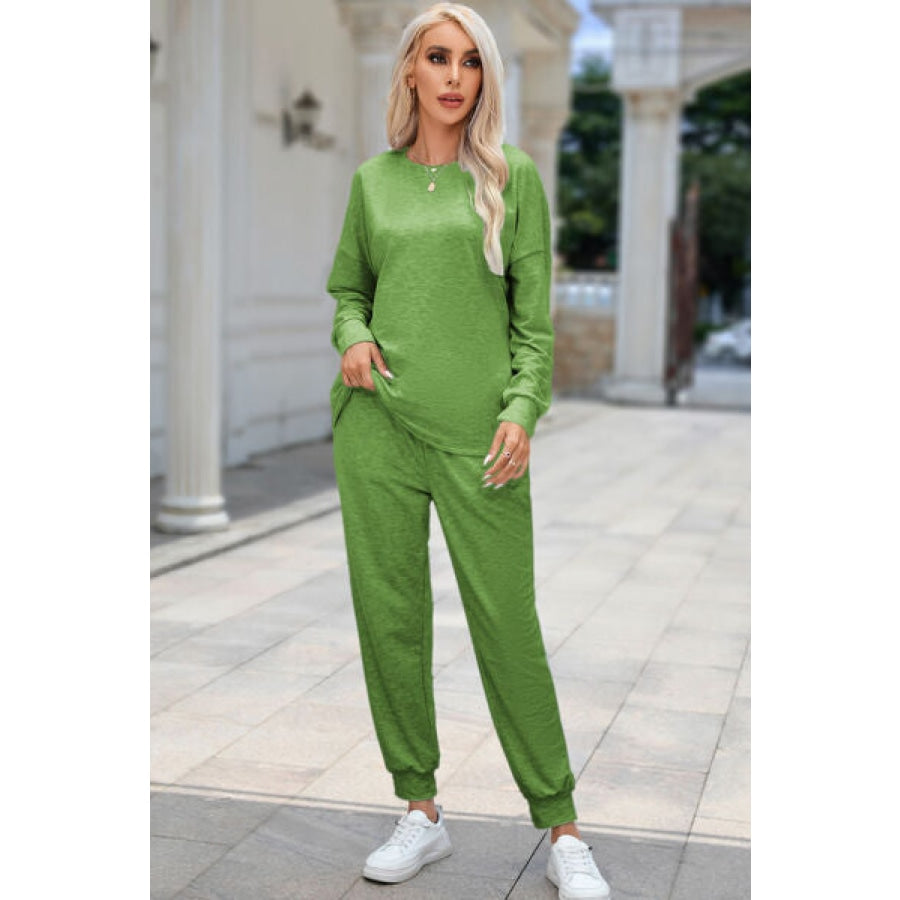 Round Neck Top and Drawstring Pants Lounge Set Mid Green / S Clothing