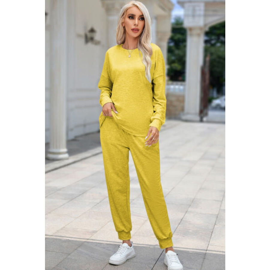 Round Neck Top and Drawstring Pants Lounge Set True Yellow / S Clothing