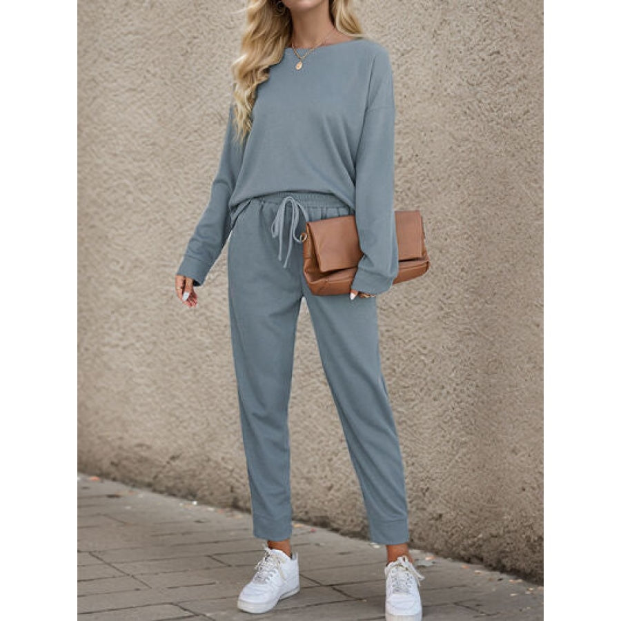 Round Neck Top and Drawstring Pants Set Cloudy Blue / S Shirts &amp; Tops