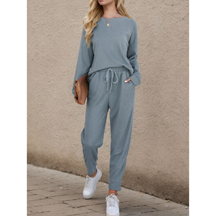 Round Neck Top and Drawstring Pants Set Shirts &amp; Tops