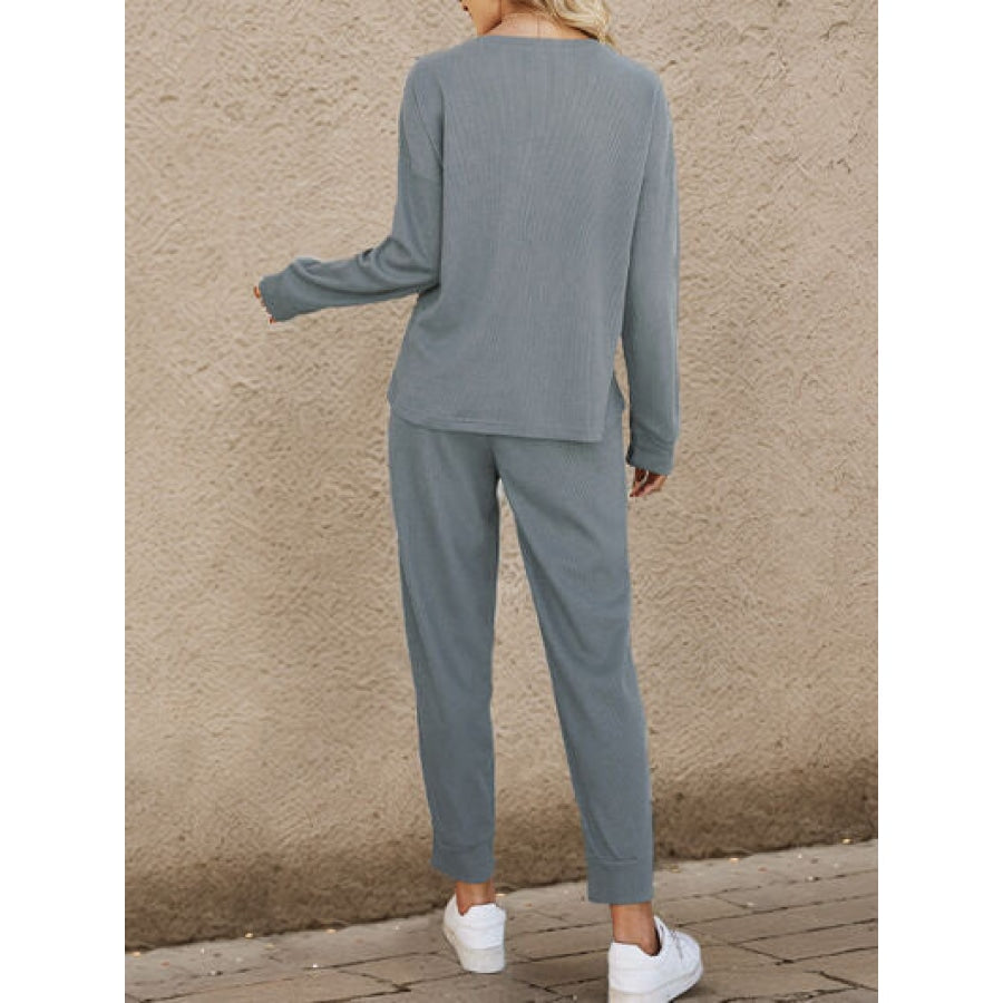 Round Neck Top and Drawstring Pants Set Cloudy Blue / S Shirts & Tops