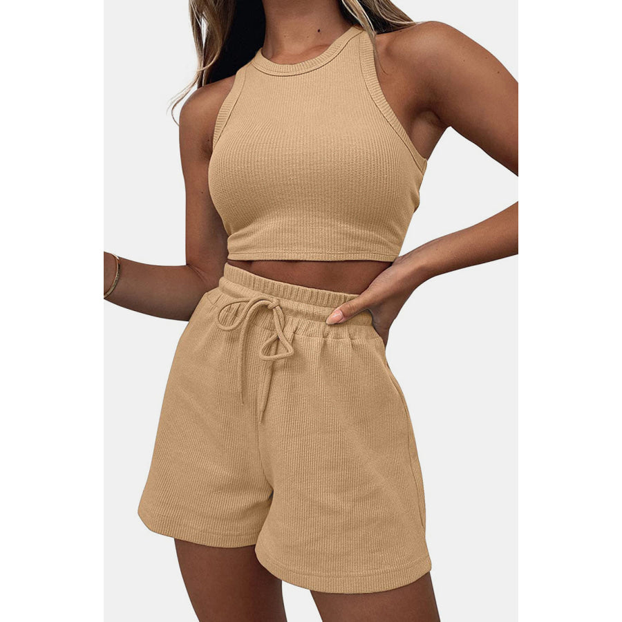 Round Neck Top and Drawstring Shorts Set Apparel Accessories