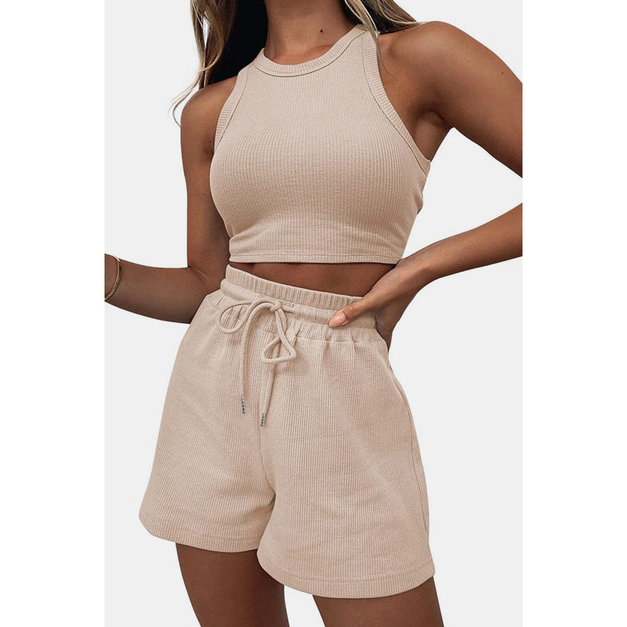 Round Neck Top and Drawstring Shorts Set Apparel Accessories