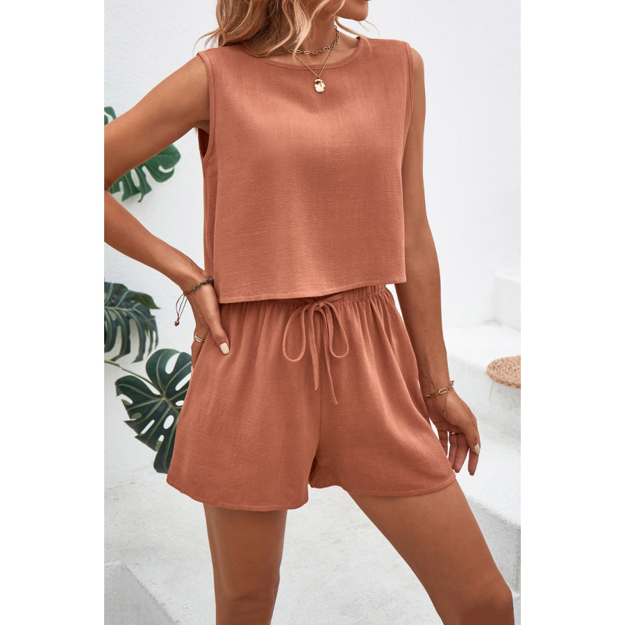 Round Neck Top and Drawstring Shorts Set Burnt Coral / S Apparel and Accessories