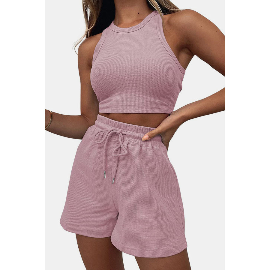 Round Neck Top and Drawstring Shorts Set Apparel Accessories