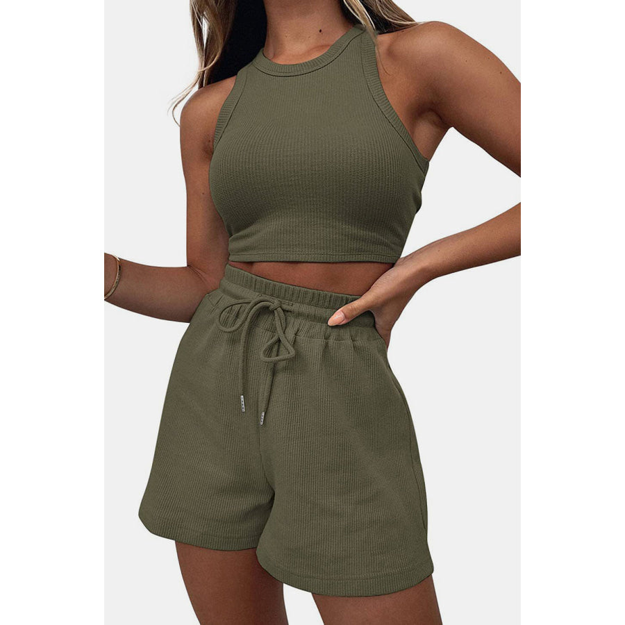 Round Neck Top and Drawstring Shorts Set Apparel Accessories