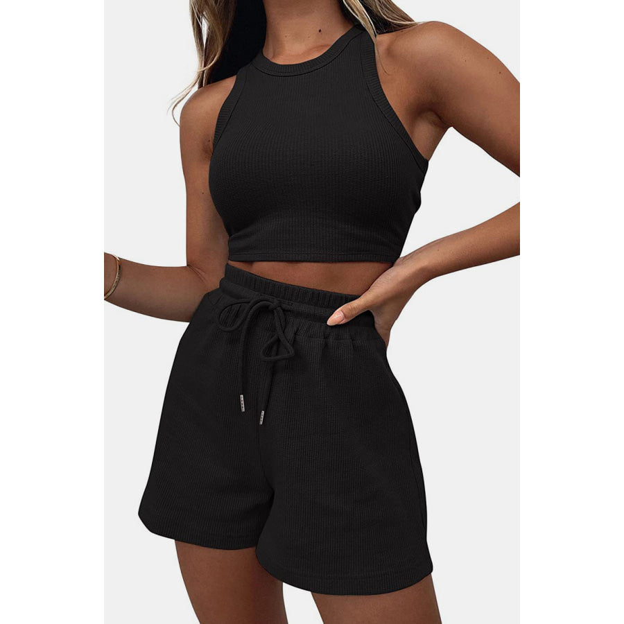 Round Neck Top and Drawstring Shorts Set Apparel Accessories